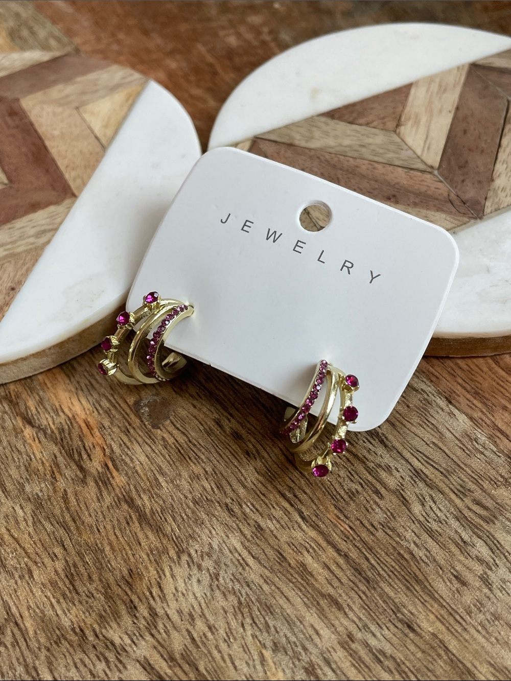Gold-Tone Pink Crystal Hoop Earrings -
